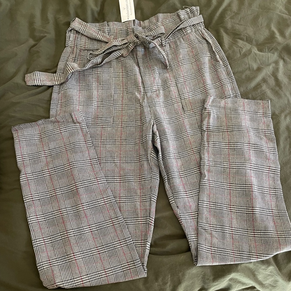 Paper Bag Dress Pants- Grey Plaid